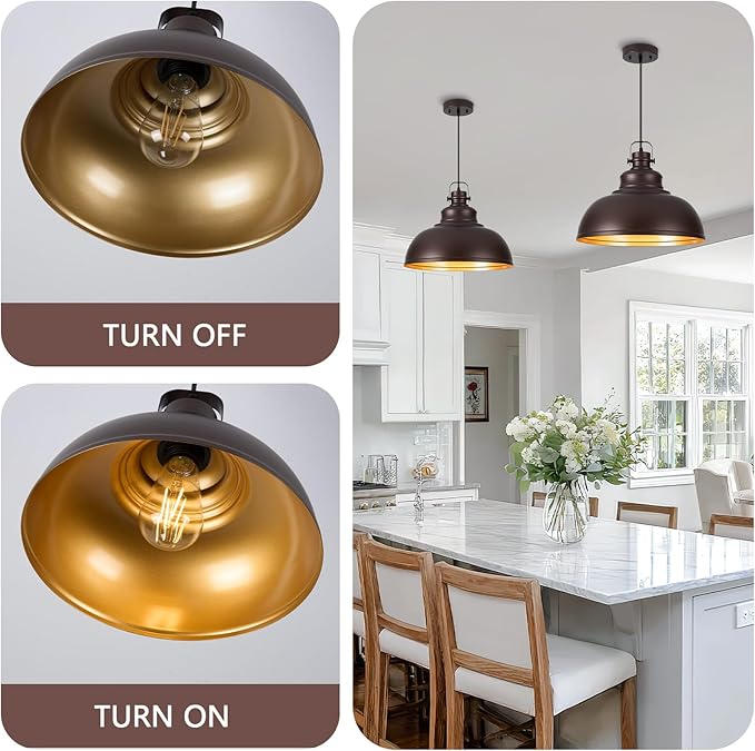 Refice 16 Inch Farmhouse Pendant Lights Kitchen Island Oil Rubbed Bronze Pendant Lighting Industrial Dome Island Pendant Lights, Adjustable Height, Hanging Lights, Dining Room, Barn