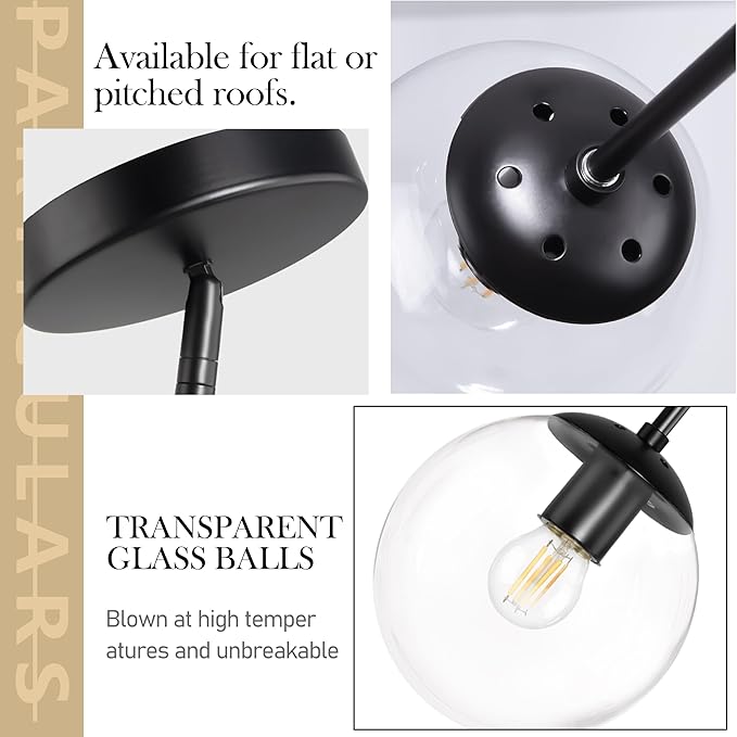 Bagood 8" Globe Pendant Light Black 2 Pack Mid Century Pendant Light Globe Pendant Lights Kitchen Island Matte Black Finished with Clear Glass Adjustable Ceiling Light Fixtures for Dining Room Bar