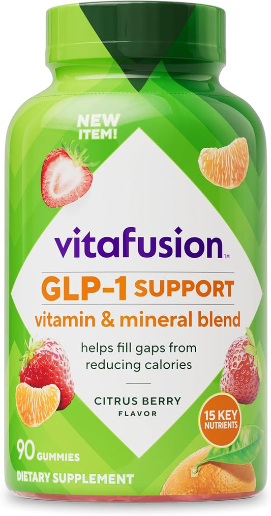 vitafusion Soutien GLP-1 Multivitamine, Mélange de vitamines et de minéraux, 15 nutriments essentiels, Saveur agrumes et baies, 90 unités, Approvisionnement de 45 jours