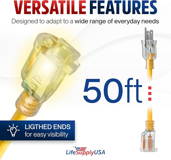 50ft Outdoor/Indoor Extension Cord 10/3 Gauge Ultra Heavy Duty 3 Prong SJTW, Waterproof, Flexible Cold-Resistant Long Power Cord,15A 125V 1875W, Yellow by LifeSupplyUSA