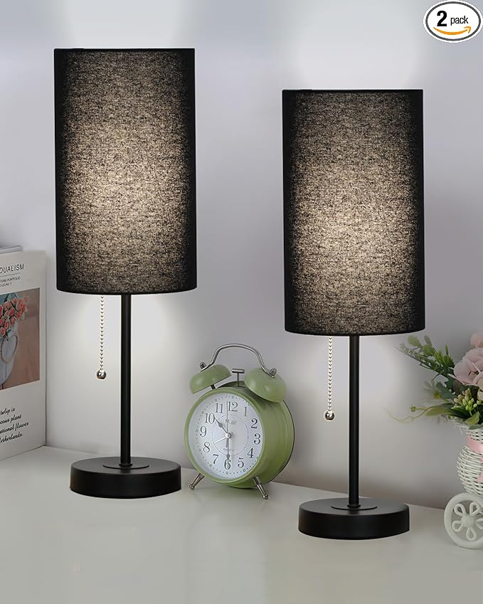 Small Table Lamps Set of 2 Desk Lamps for Living Room 3 Way Dimmable Black Nightstand Lamps with Metal Base Fabric Shade | Pull Chain Bedside Lamps for Bedrooms 18.5 Inches Lamp (Bulbs Included)