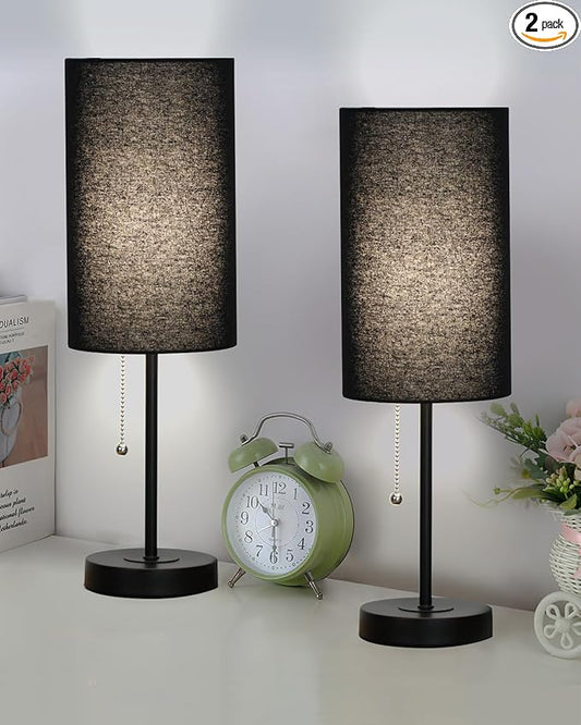 Small Table Lamps Set of 2 Desk Lamps for Living Room 3 Way Dimmable Black Nightstand Lamps with Metal Base Fabric Shade | Pull Chain Bedside Lamps for Bedrooms 18.5 Inches Lamp (Bulbs Included)