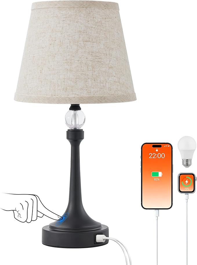 19.7'' Touch Table Lamps for Living Room, Small Lamp for Bedroom with USB C+A Ports, Dimmable Touch Lamps, Reading Desk Lamp for Office, Metal Bedside Lamps, Bulb Included, 1pcs, Black