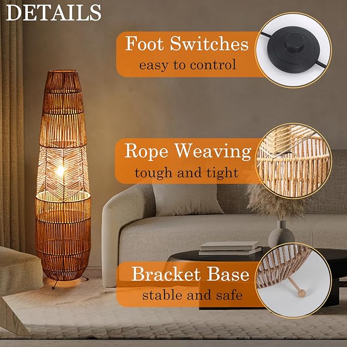 MIXL-Rope-Weaving Floor Lamp with Foot Switches,Dimmable Led Boho Floor Lamps,Minimalist Reading Lamp Floor Standing,Bohemian Style Standing Lamps for Bedroom Study and Living Room