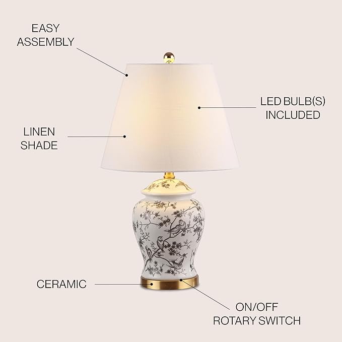 JONATHAN Y 22" Gray/White Ceramic Table Lamp, French Country Chinoiserie Ginger Jar LED Bedside Lamp for Living Room Bedroom, White Linen Shade (JYL3005C)