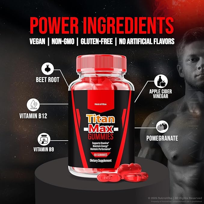 Titan Max– Premium Titan Max Testo Support Formula with Natural Ingredients to Support Energy, Stamina, Drive & Performance | Great-Tasting TitanMax Gummys, 30 Day Supply (60 Gummies)