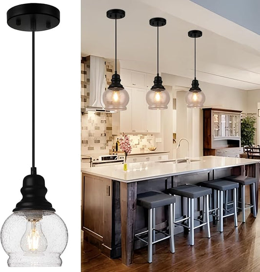 WILON Kitchen Island Light Fixtures, Black Pendant Light with Seeded Glass Shade Mini Pendant Lighting for Kitchen Island, Farmhouse Ceiling Light for Kitchen Island Dining Room Hallway Living Room