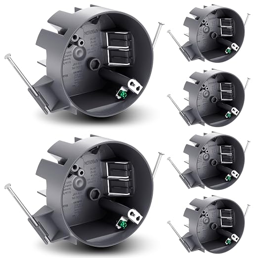 Tellegloww 6 Pcs Round Ceiling Electrical Box, 20 Cu in PVC Junction Box with Grounding Lug and Screws, Light Fixture and Ceiling Fan Installation for New Work Applications (Gray)