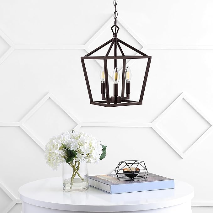 JONATHAN Y 10" Oil Rubbed Bronze 3-Light Pagoda LED Pendant Lantern, Classic Modern Farmhouse Chandelier for Kitchen Island, Dining Room, Entry, Foyer, Rustic Iron Frame JYL7601A