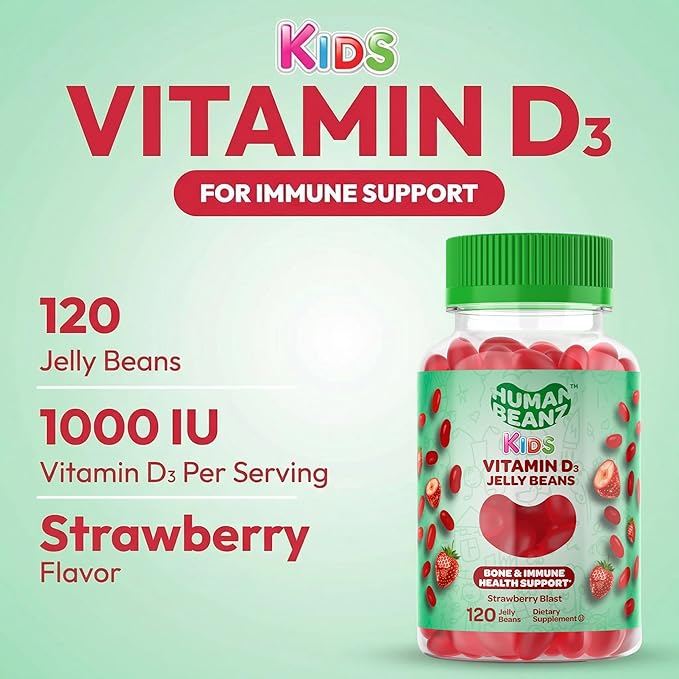 キッズ用ビタミンD3ジェリービーングミ、ビタミンD 25mcg/1000IU、栄養補助食品、ベジタリアン、ストロベリーブラスト味ジェリービーンズ120粒、コーシャ対応