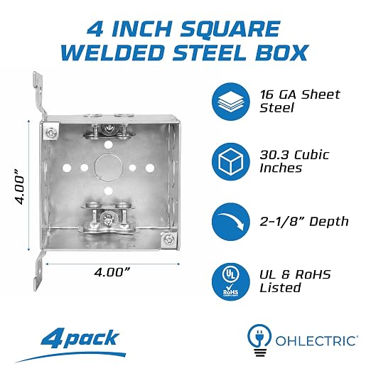 OHLECTRIC 4" Square Welded Electrical Box with Flush Mount Brackets (4-Pack) 2-1/8 Inch Deep Box with BX/MC Cable Clamp, ½ & ¾ Knockouts, Galvanized Steel, 30.3 Cu. in. Metal Junction Box