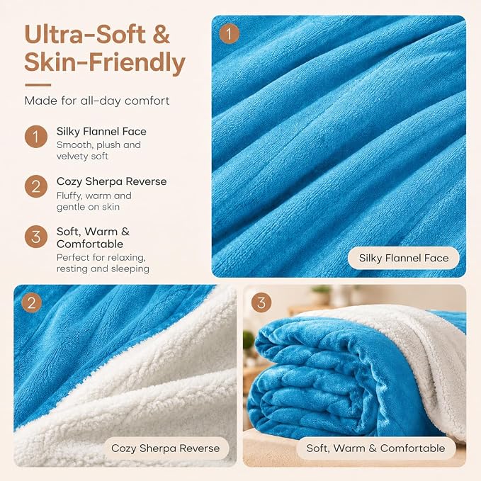 LUXIAN Electric Heated Blanket Full Size 72"x84" Queen Dual-Sided Flannel & Sherpa Fast Heating 9 Heat Settings 1-10H Auto Off ETL Safe Heating Ocean Breeze Blue Bed Sofa Office Winter Gift