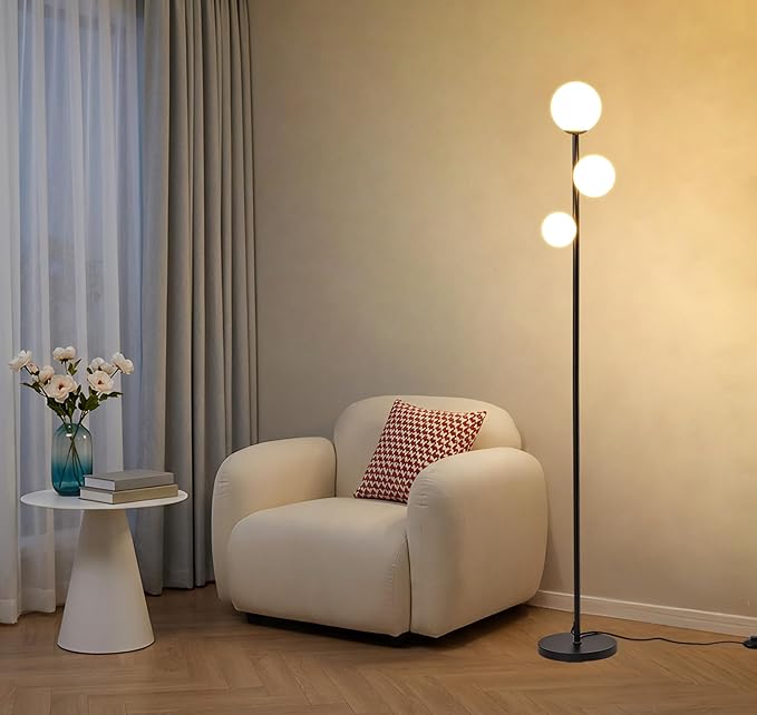Fiqevs 3 Globe Mid Century Modern Floor Lamp, 3 x 800LM LED Bulbs Included, Matt Black Standing Lamp with Sphere Frosted Glass Shade, Vintage Retro Tall Pole Lamp for Living Room, Bedroom Office