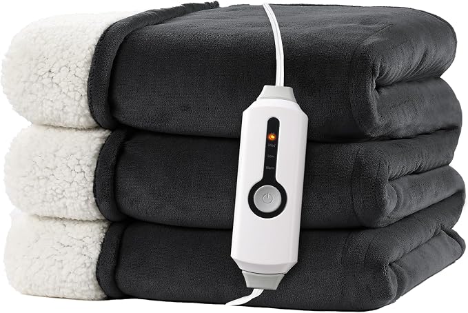 Electric Heated Blanket Twin Size 62"x84" – ETL Certified for Safe Overnight, 4 Heat Settings & 10H Auto Off, Dual-Sided Microplush Sherpa for Home Theater Night, Machine Washable – Iron Gray