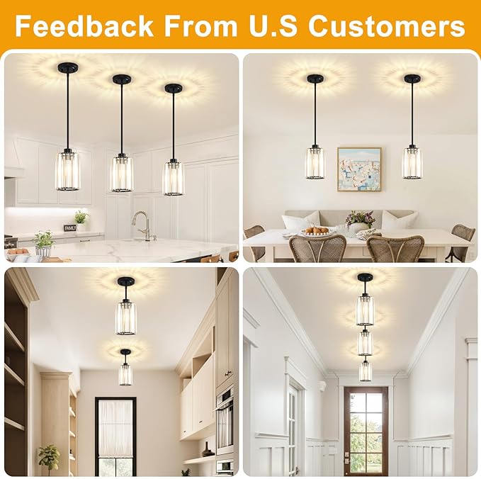 2 Pack Pendant Lights Kitchen Island, Modern Black Pendant Light Fixtures, Mini Chandelier Crystal Kitchen Island Lighting, Hanging Pendant Lights Fixture for Kitchen Island Dining Room Hallway Foyer