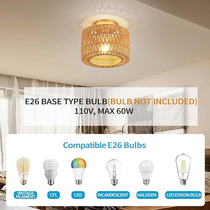 Rpzloila Rattan Ceiling Light, 1 Light Bohemian Modern Woven Flush Mount Ceiling Light, Boho Light Fixture for Bedroom Living Room Dining Room, Gold Finish