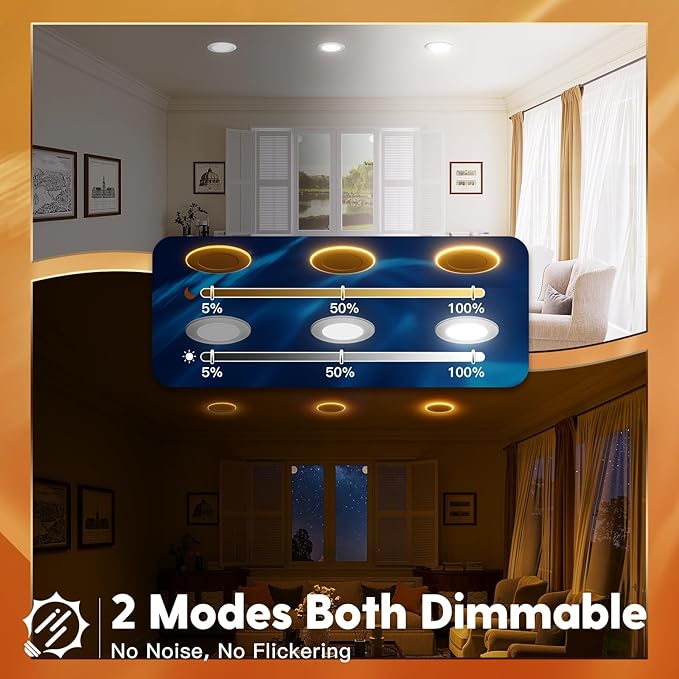FREELICHT 6 Pack 5/6 Inch 5CCT LED Recessed Can Light with Night Light, 2700K/3000K/4000K/5000K/6000K Selectable Flat Recessed Lighting, 10W=110W, 1000LM, Dimmable Retrofit - ETL & FCC