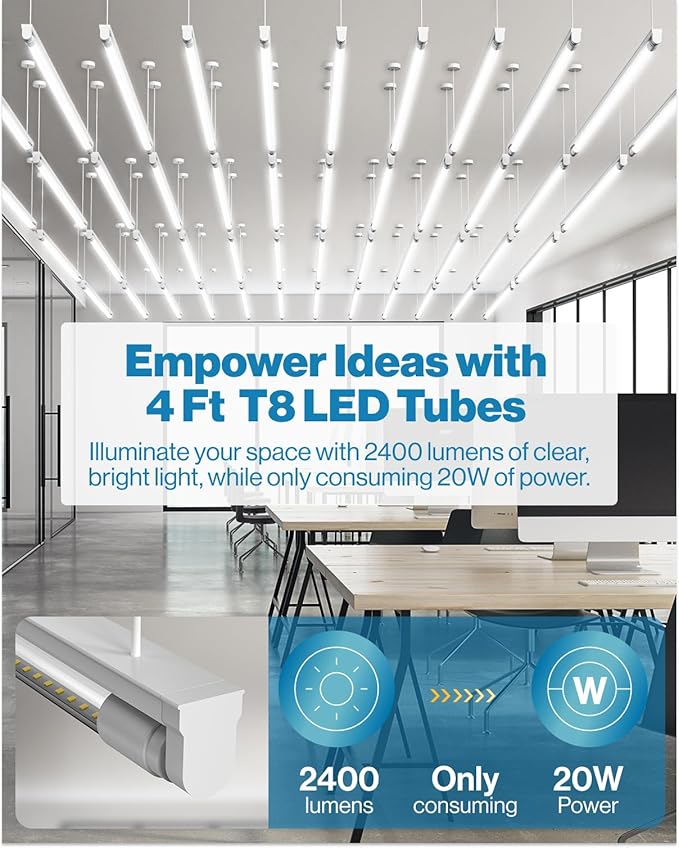 Sunco 50 Pack T8 LED Bulbs 4 Foot, 48 Inch Tube Light Bulb Fluorescent Replacement, Single/Double Ended Hybrid Type A+B, 2400 LM, 20W, Selectable CCT 3000K/3500K/4000K/5000K/6000K, Clear Lens ETL