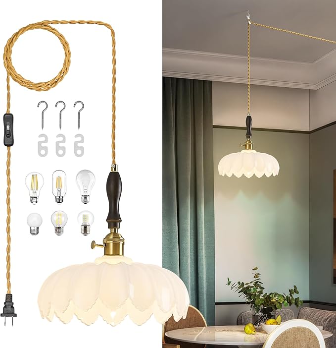 Modern White Plug in Glass Pendant Light Retro Flower Glass Hanging Lamp Gold Brass Decorative Adjustable Ceiling Hanging Light Suitable for Kitchen Island Bedroom Dining Room Living Room