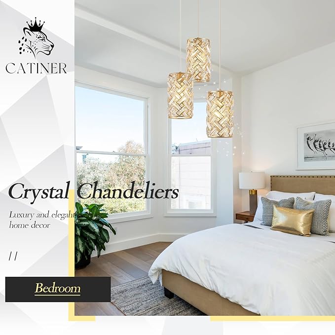 CATINER 3-Light Modern Gold Crystal Pendant Light Luxury Mini Chandelier, Adjustable Cluster Pendant Lighting for Kitchen Island Dinning Room Bedroom Hallway Porch