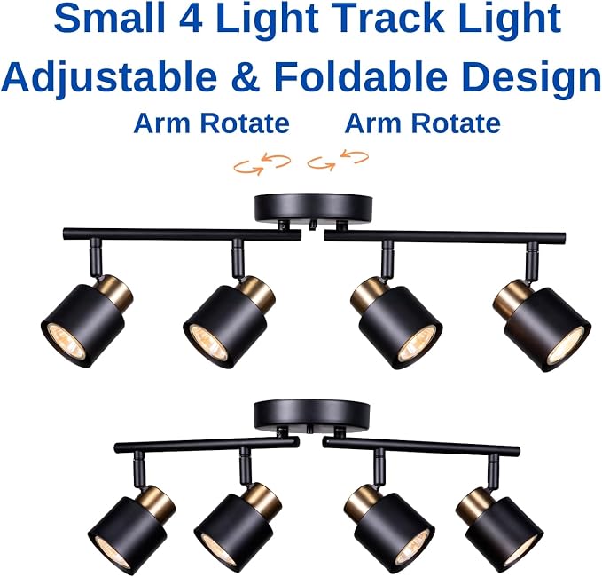 4 Light Track Lighting Kit, Matt Black Brass Finish Adjustable with Moden Flush Mount Ceiling Spotlight for Kitchen,Living Room,Home Improvement