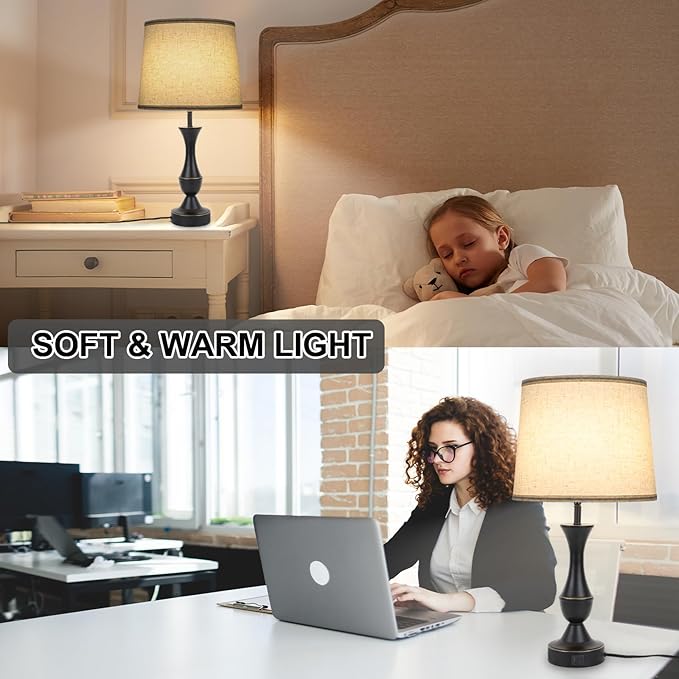 LALISU Touch Lamps for Bedrooms Set of 2, Farmhouse Table Lamp with USB C Charging Port, 3 Way Dimmable Nightstand Lamps with Linen Fabric Lampshade for Bedroom, Living Room (Pack2-Black)