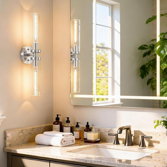 Wall Sconces 2-Pack, Hardwired Bathroom Light Fixtures, Modern Farmhouse Vanity Wall Lighting with Clear Glass Shades, E26 Base Wall Sconce Wall Lights for Bathroom Wall Decor, Brushed Nickel