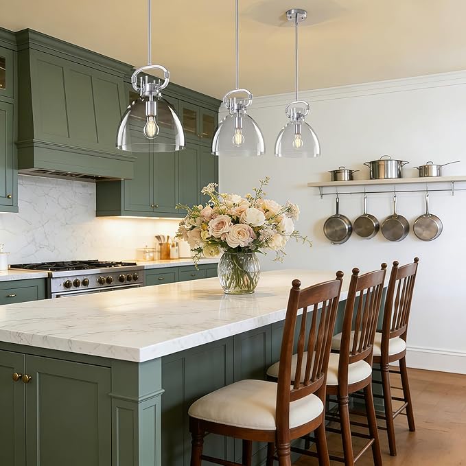 9.8'' Brushed Nickel Kitchen Pendant Lighting Over Island, Modern Pendant Lights Fixture,1-Light Adjustable Glass Pendant Lights for Kitchen Island Dining Room Bedroom E26