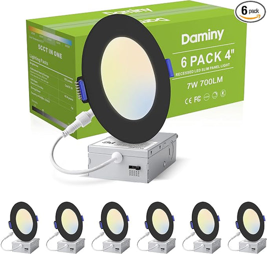 DAMINY 6 Pack 4 Inch Black LED Recessed Lighting with Junction Box,5CCT,Ultra-Thin Recessed Light,7W 700LM, Dimmable Canless Wafer Ceiling Light,High Brightness