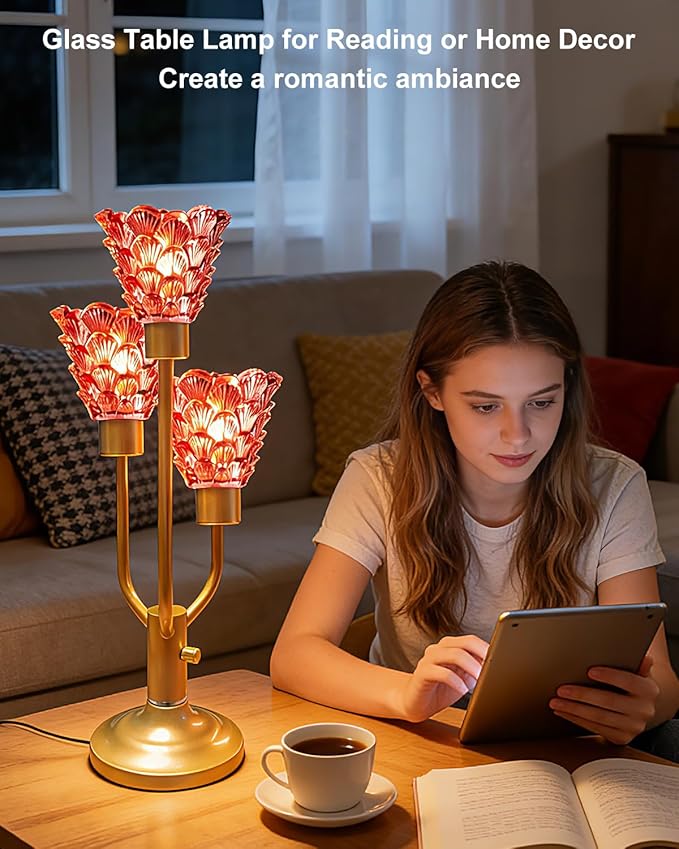 Mid Century Modern Table Lamp Dimmable Nightstand Lamp Red Glass Gold Vintage Desk Lamp 3 Bulbs Included Warmwhite Ambient Bedside Lamps for Living Room Bedroom End Table Office Home Decor