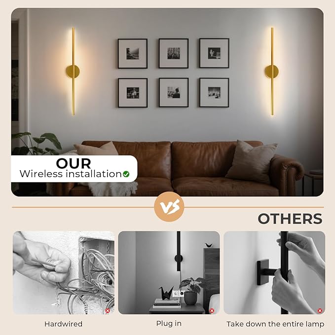 GvvooHome 1 Pack Battery Operated Wall Sconce Detachable 360°Rotate, Wireless Wall Light 3000-6500K Dimmable, 10000mAh Rechargeable Wall Lamp for Bedroom, Living Room，28.3 Inch Gold