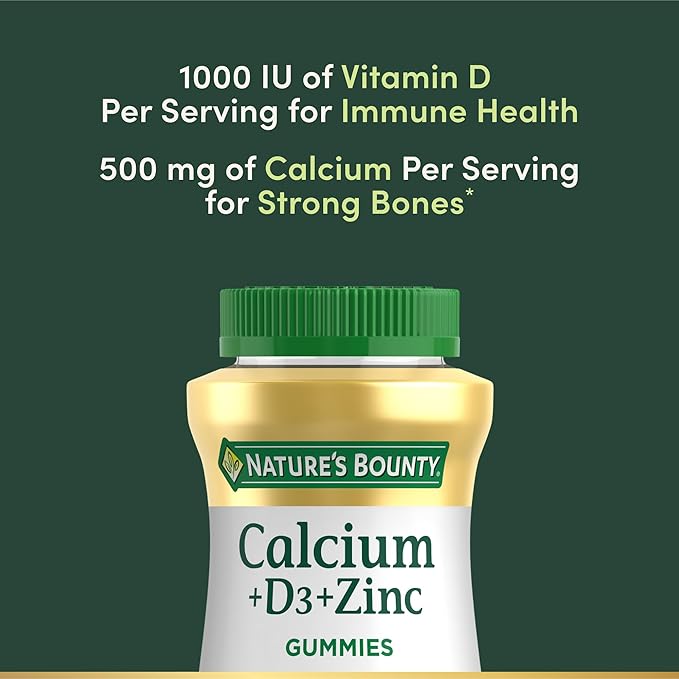 Nature's Bounty Calcium + D3 + Zinc Gummies, Supports Strong Bones & Teeth Plus a Healthy Immune System, 500mg, Orange and Cherry Flavored, 70 Gummies (Pack of 2)