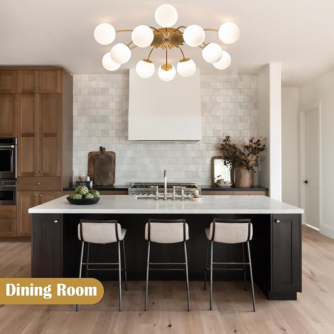 12-Light Milk Glass Pendant Light, 40" Sputnik Bubble Glass Chandelier Light Fixture, Hand Blown Semi Flush Mount Ceiling Chandeliers Lighting for Dining Room, Living Room (Gold, 12-Light Ceiling)