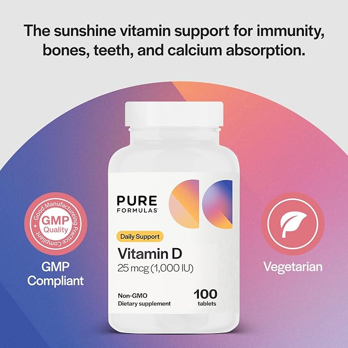 PureFormulas ビタミンD3 1,000IU 25mcg - 健康な骨形成、歯、心臓血管の健康、免疫サポートのためのプレミアムビタミンDサプリメント 非遺伝子組み換え - 100粒タブレット