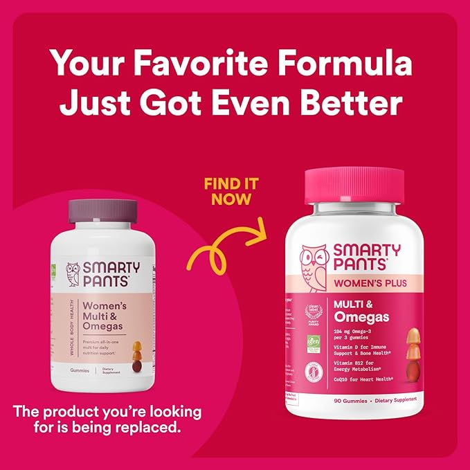 Gummies multivitaminées pour femmes SmartyPants : Huile de poisson Oméga 3 (EPA/DHA), Méthylfolate, CoQ10, Vitamine D3, C, Vitamine B12, B6, A, K & Zinc, Inositol, Sans gluten, (Pour 30 jours), 180 gommes (Lot de 2)