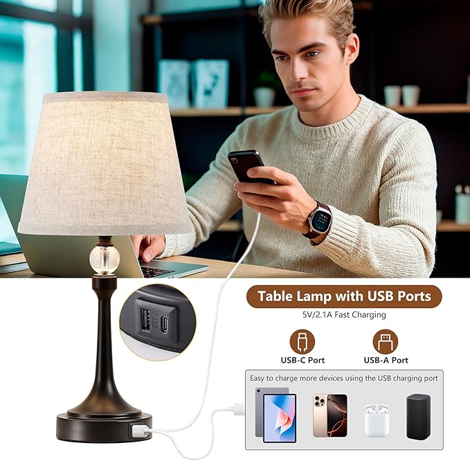 19.7'' Touch Table Lamps for Living Room, Small Lamp for Bedroom with USB C+A Ports, Dimmable Touch Lamps, Reading Desk Lamp for Office, Metal Bedside Lamps, Bulb Included, 1pcs, Black