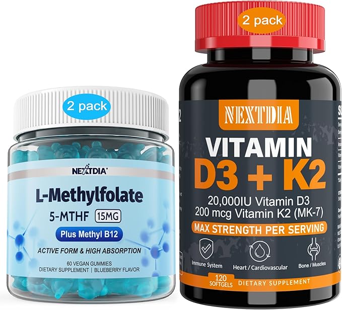 ビタミンD3 20,000IU + K2(MK7) 200mcg、L-メチル葉酸 15mg & メチルB12グミ