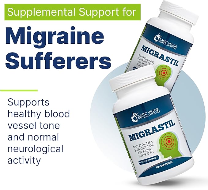 Basic Vigor Migrastil Migraine Support Capsules. Feverfew, Magnesium, Taurine & Vitamin B1 for Migraines Natural Supplement. Made in The USA. Vegan and Gluten Free.