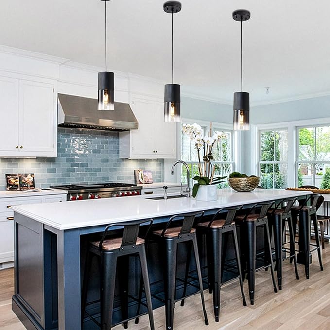 Black Pendant Light Fixtures, Adjustable Modern Pendant Lights for Kitchen Island, Industrial Glass Pendant Lights for Dining Table Hallway Bedroom Living Room,1 Pack