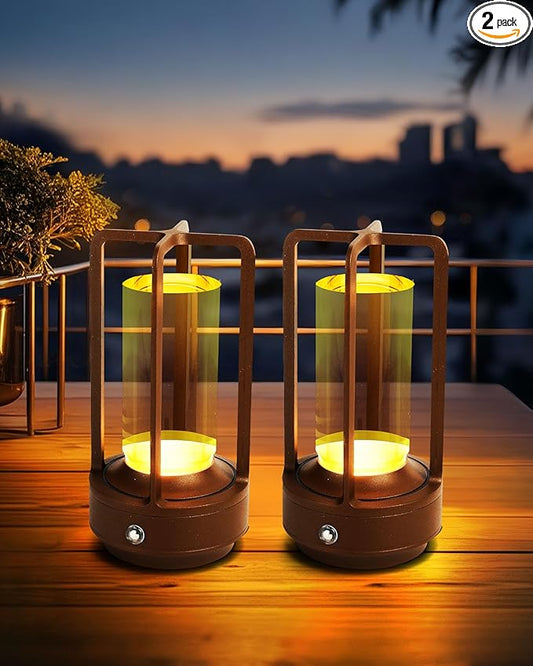 Set of 2 Cordless Table Lamps, LED Rechargeable Battery Operated Desk Lamps with 3 Color Stepless Dimmable, Small Light Portable for Outdoor Patio Bar Restaurants Bedroom Bedside (Brown)