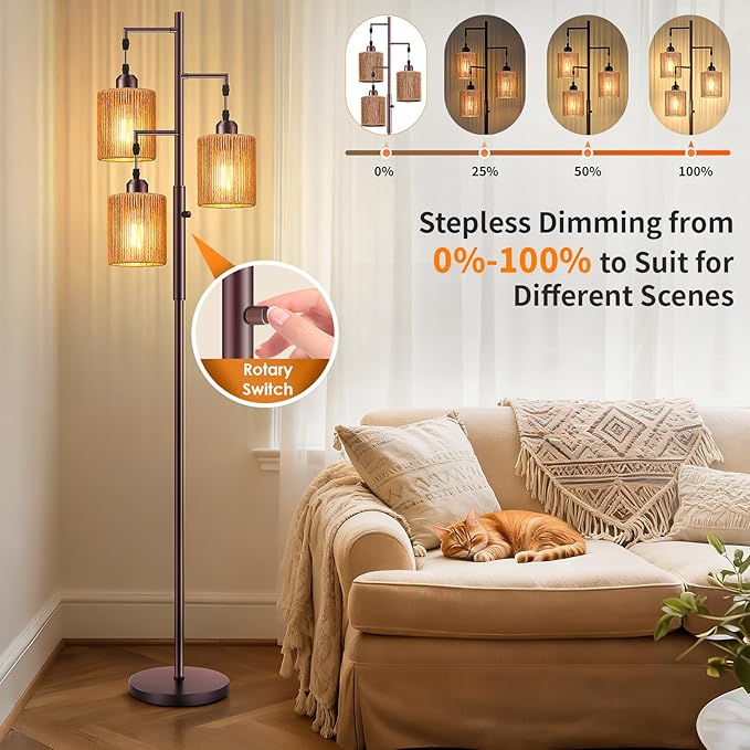 Hotsonic 72" Tall Boho Rattan Style Floor Lamp with Hand-Woven Paper Cord Shade, Dimmable Industrial Tree Standing Lamp for Living Room, Bedroom, Study Room, Office (3 x 800LM Bulbs Included) - Brown