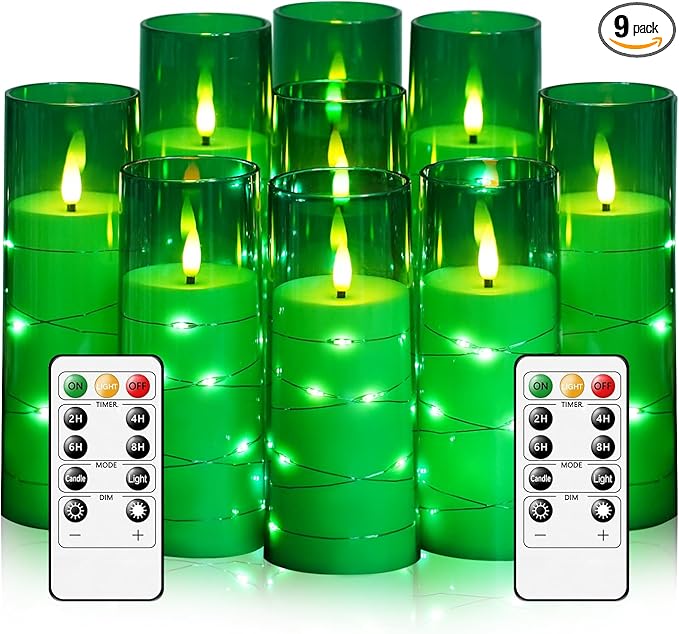 kakoya Flameless LED Candles with Timer 9 Pc Flickering Flameless Candles for Romantic Ambiance and Home Decoration Stable Acrylic Shell,with Embedded Star String，Battery Operated Candles（Green）