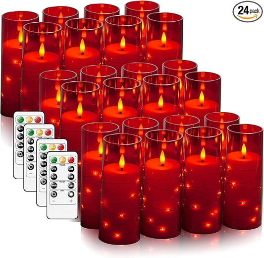kakoya Flameless LED Candles with Timer 24 Pc Flickering Flameless Candles for Romantic Ambiance and Home Decoration Stable Acrylic Shell,with Embedded Star String，Battery Operated Candles（Red）
