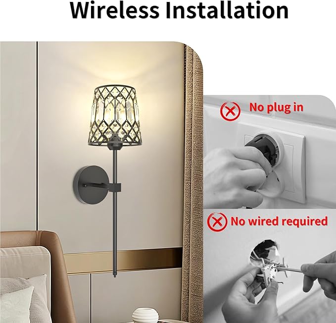 Black Battery Operated Wall Sconces Set of 2, Crystal Rechargeable Wireless Wall Sconce Lights for Home Decor, Dimmable 12 RGB and 3CCT Wall Lamps with Remote for Living Room Bedroom Hallway