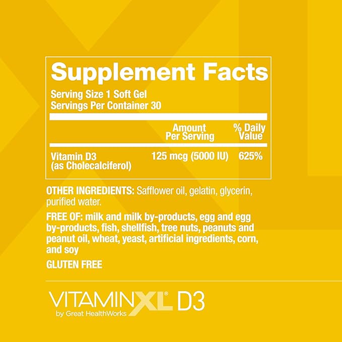 OmegaXL VitaminXL D3 高含有量 毎日摂取用ビタミンD 5000IU 125mcg 免疫サポートサプリメント – 健康的な筋肉機能と丈夫な骨を促進 – 非遺伝子組み換え、グルテンフリー – ソフトジェル30粒 (2個パック)