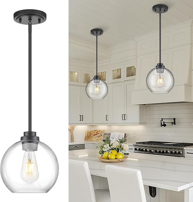 Black Pendant Lights Kitchen Island, 8" Pendant Light Fixtures with Globe Clear Glass Shade, Modern Kitchen Island Lighting, AD-22280-1PL-BK
