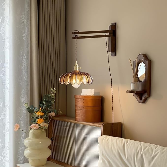 XZHGCEE Hanging Lamp Plug in Pendant Light: Amber Glass Hanging Lamp Plug in, 14.7ft Swag Lamp Cord with On/Off Switch for Kitchen Island/Dining Room/Bedroom/Living Room Hanging Light, No Bulb