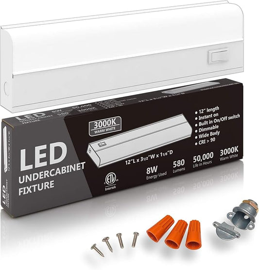 Hardwired LED Under Cabinet Lighting - 8 Watt, 12", Dimmable, CRI>90, 3000K (Warm White), Under Cabinet Lights for Kitchen Wide Body, Long Lasting Metal Base with Frost Lens - Under Counter Lights