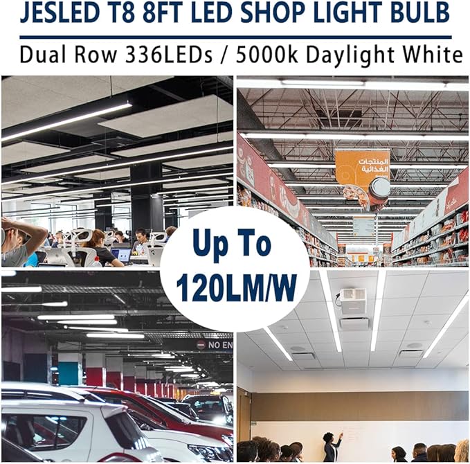 JESLED T8 T10 T12 8FT LED Tube Light Bulbs, 50W 6000LM, 5000K Daylight White, Single Pin Fa8 LED Replacement for Fluorescent Fixture, Frosted, Ballast Bypass, Warehouse Workshop Garage Lights 12-Pack
