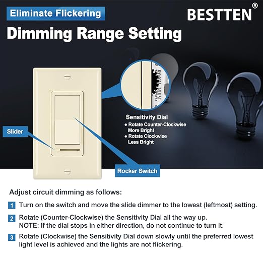 BESTTEN 2 Pack Almond Dimmer Wall Light Switch, Compatible with Dimmable LED, CFL, Incandescent and Halogen Bulb, Single Pole or 3-Way Dimmer Switches, 120VAC, Decorator Wall Plate Included